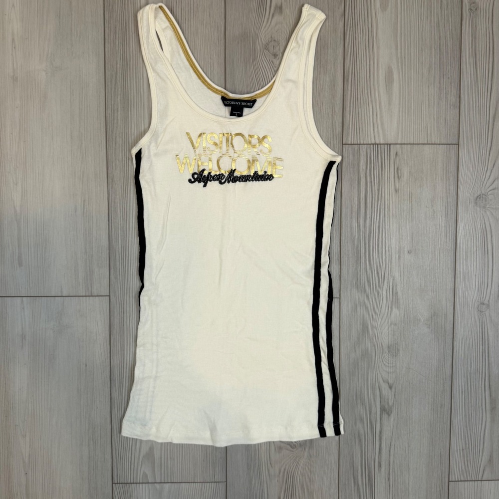 Victoria's Secret Vintage Y2K Aspen Mountain Ribbed Tank Top White Gold Large